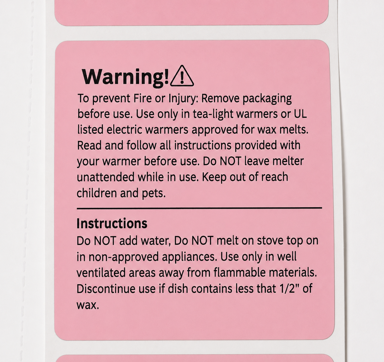 Wax Melt Warning Labels