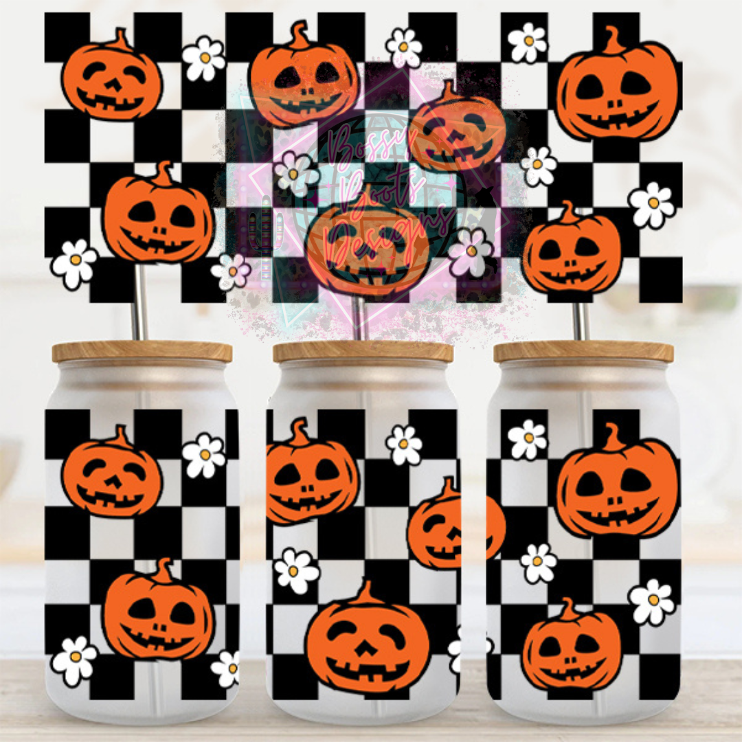 16oz UV DTF Cup Wrap- Checkered Jack O Lanterns